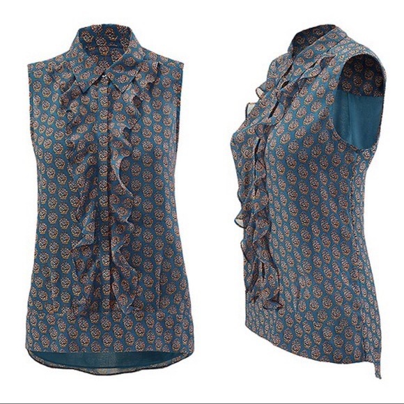 CAbi Medallion Reign Sleeveless Blouse Womens Sz Small Teal Orange Ruffles 3275 - Picture 2 of 11